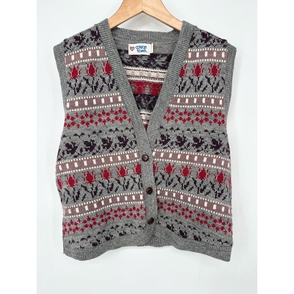 Vintage College Town Women’s M Button Sweater Vest Cardigan Gray Preppy Academia